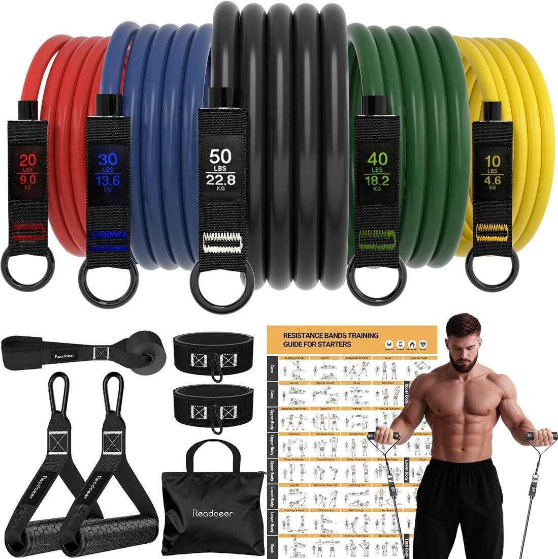 Readaeer Resistance Band Set, 10 to 150 lb